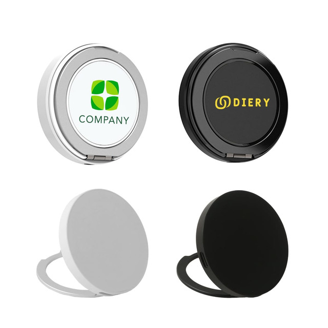 A set of four magnetic wireless charge stands in black, white, and silver, each featuring a logo.