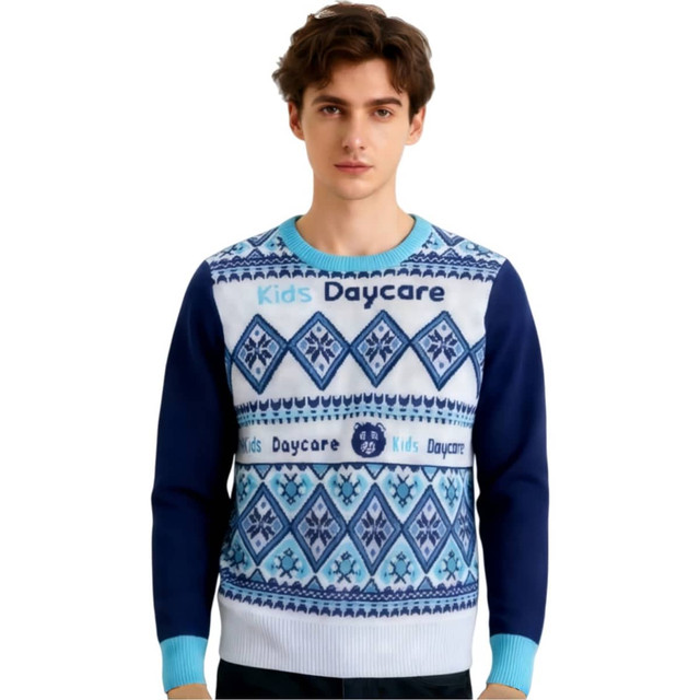 A unisex winter acrylic cotton jacquard sweater featuring a blue and navy design with geometric patterns and a logo.