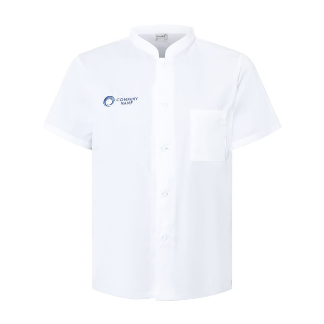 A white short-sleeved chef jacket featuring a chest pocket and a logo on the front.