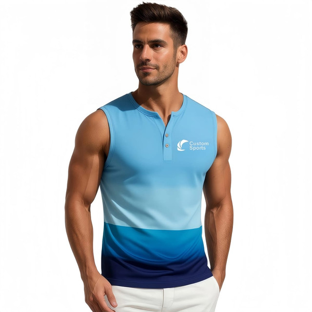 A men's small V-neck singlet in shades of blue with a buttoned front and a logo on the chest.