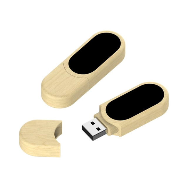 A wooden eco-friendly LED flash drive with a black top part. It has a removable cap and a USB connector.
