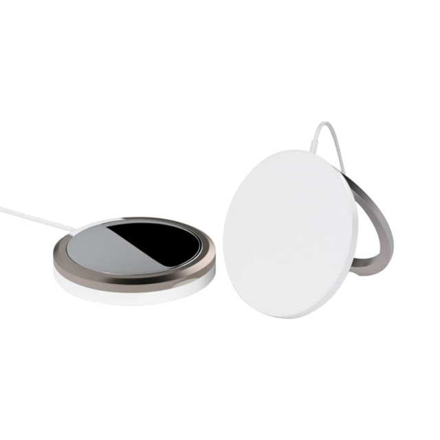 A magnetic wireless charge stand in white and silver, featuring a sleek, minimalist design and a rounded shape. A magnetic wireless charge stand in white and silver, featuring a sleek, minimalist design and a rounded shape.