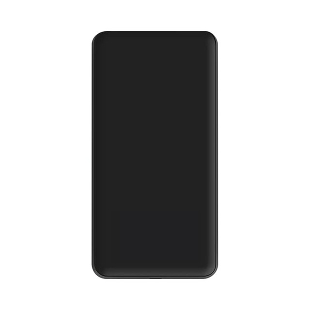 A black power bank with a sleek design, featuring a logo on the surface.