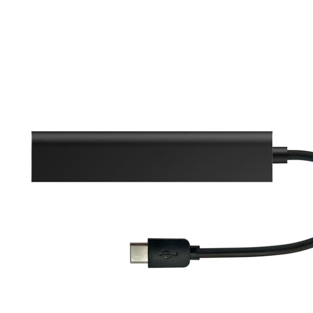 A black USB Type-C hub with a connected USB-A cable. It features a simple, sleek design and has a logo. A black USB Type-C hub with a connected USB-A cable. It features a simple, sleek design and has a logo.