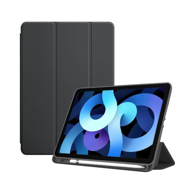 A black tablet cover displayed with an iPad featuring an abstract blue design on the screen. Includes a stylus holder. A black tablet cover displayed with an iPad featuring an abstract blue design on the screen. Includes a stylus holder.