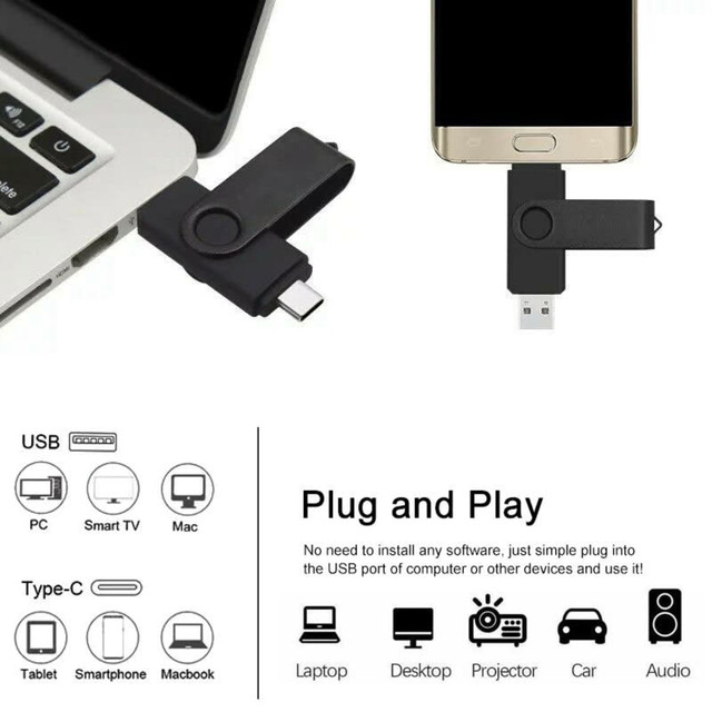 A black Type-C flash drive connected to a smartphone and laptop, showcasing its dual USB functionality and design.