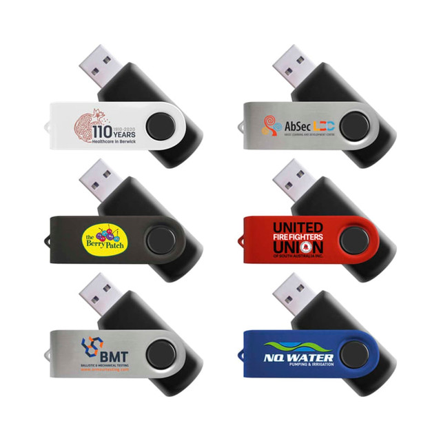 A collection of six mixed flash drives in various colours, featuring different logos and designs.