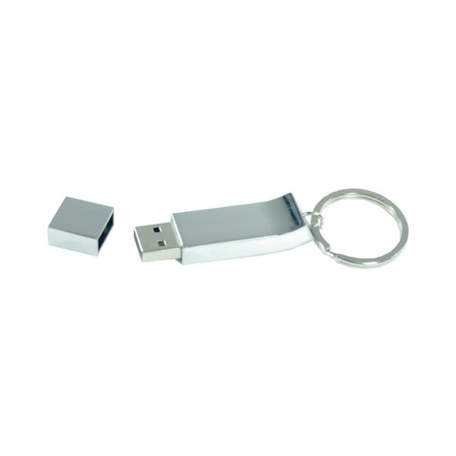 A chrome keyring flash drive with a removable cap, featuring a shiny silver finish and a keychain attachment.