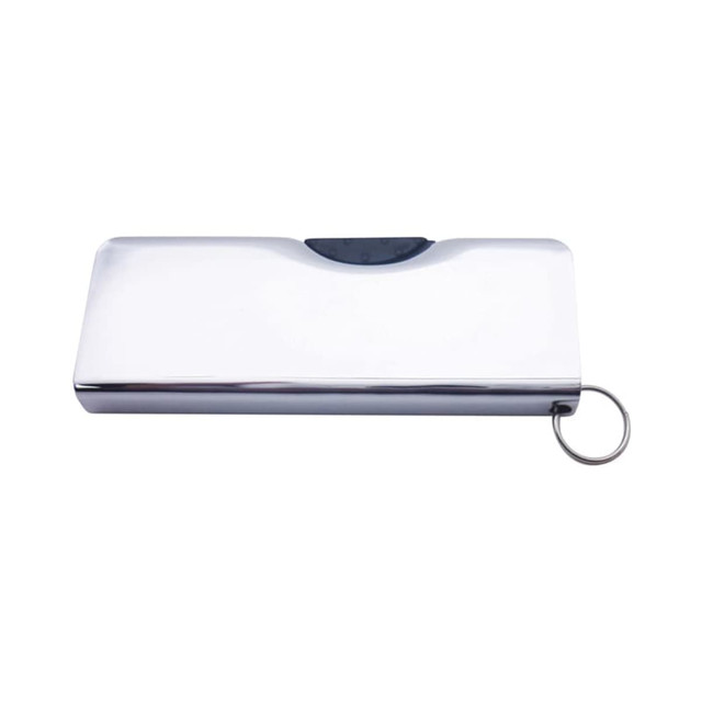 A shiny silver flash drive with a keyring attachment, featuring a smooth, sleek design.