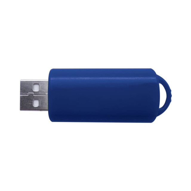 A blue USB flash drive with a protective cover and a loop for attachment.
