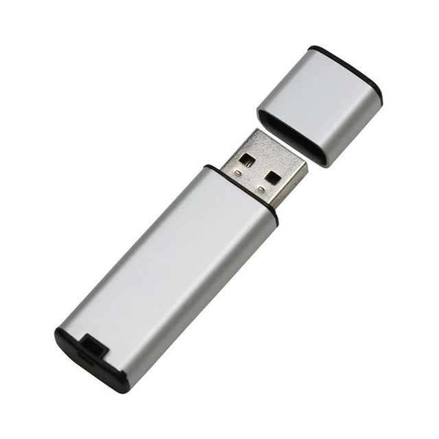 A silver flash drive with a removable cap, featuring a USB connector and a sleek design.