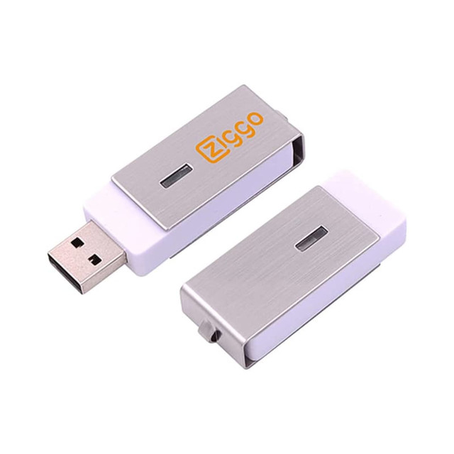 A silver and white Ginan Swivel Flash Drive with a logo, featuring a sliding mechanism for USB connection.