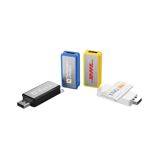A collection of four flash drives in black, blue, yellow, and white, each featuring a logo.