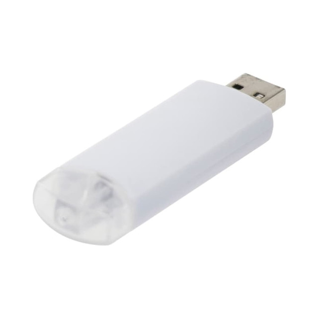 A white flash drive with a clear cap and a USB connector, featuring a brand logo.