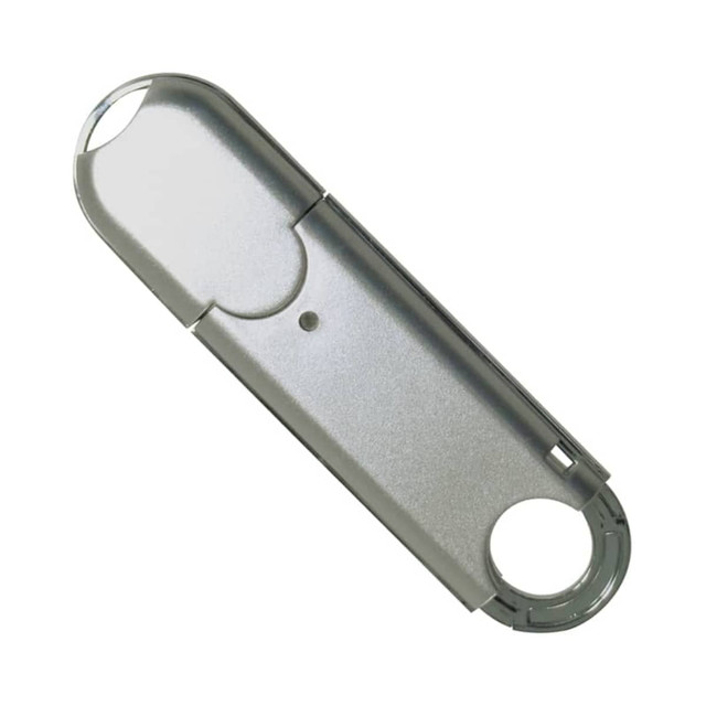 A silver flash drive with a rounded end and a small hole for attachment. It has a branding logo.