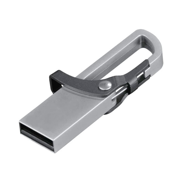 A silver Stratford flash drive with a distinguishing attachment loop. Features a sleek, modern design.