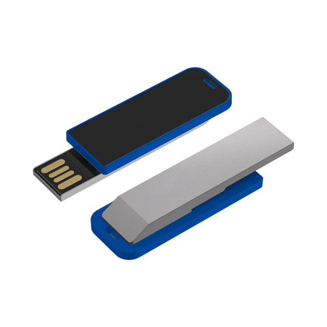 A blue and silver Jonah LED clip flash drive with a USB connector and a clip design.