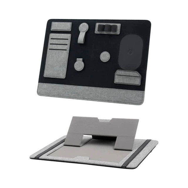 A grey and black clipboard organiser with compartments for stationery and a device holder. It features a logo.