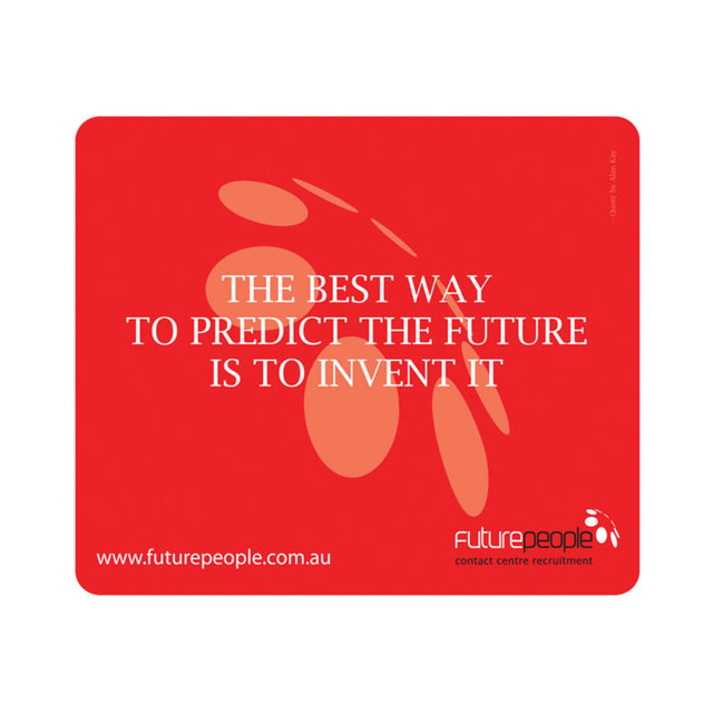 A red deluxe PVC mouse pad featuring an abstract design and a logo, with white text.