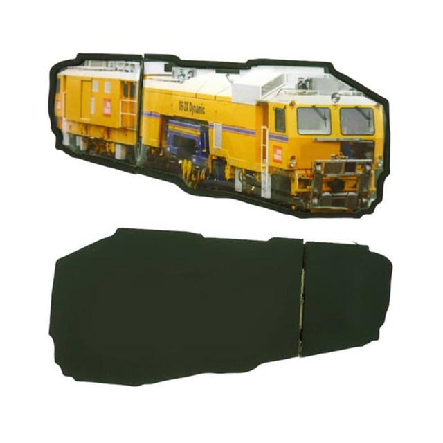 A custom moulded flash drive shaped like a yellow train, with a black base. It features a detailed image of the train.