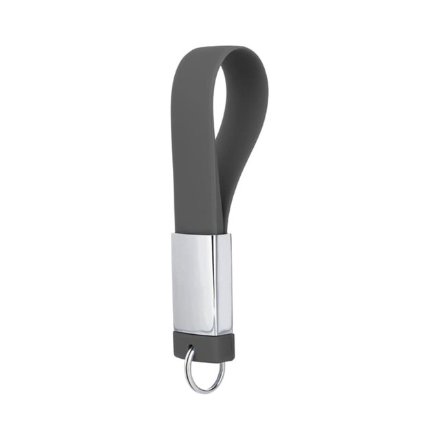 A grey chain USB flash drive with a sleek metal end and a circular attachment loop. It features a branding logo.