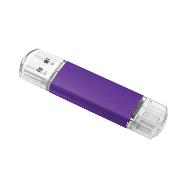 A purple flash drive with clear end caps, featuring a logo on its surface.