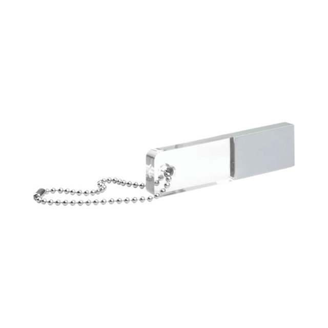 A clear USB flash drive with a silver cap, attached to a silver ball chain.