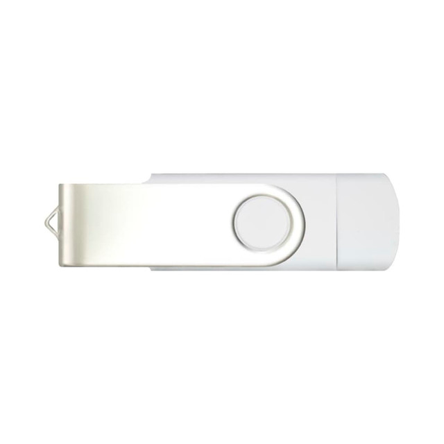 A white Mix N Match Type-C flash drive with a silver swivel cover and a circular button. It features a logo.