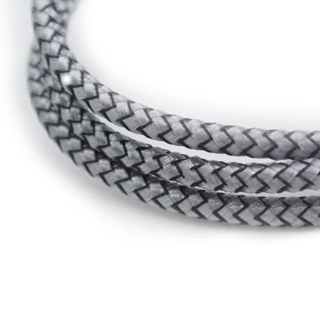 A braided charging cable in grey, featuring an eco-friendly design and a logo.