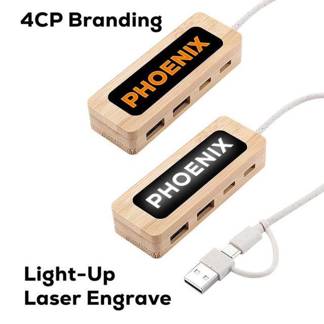 A bamboo USB hub featuring multiple ports, with a light-up design and branding, connected by a cable.