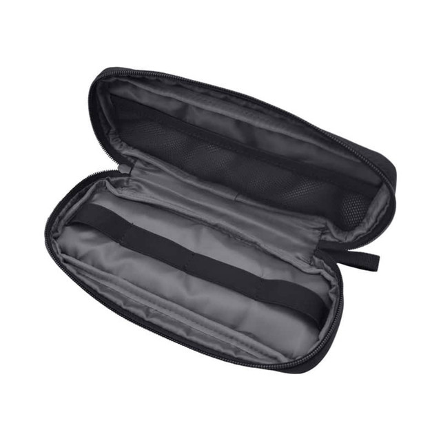 A black eco accessory pouch with a zippered closure and grey interior, featuring elastic straps and mesh pockets.