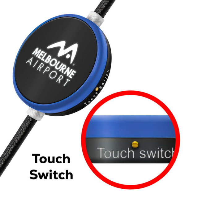 A blue and black touch switch with a logo. The design features a textured cable and a button for activation.