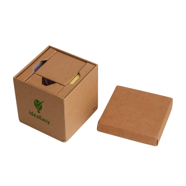 A brown cube sticky note memo holder with different coloured sticky notes inside, featuring a logo on the side.