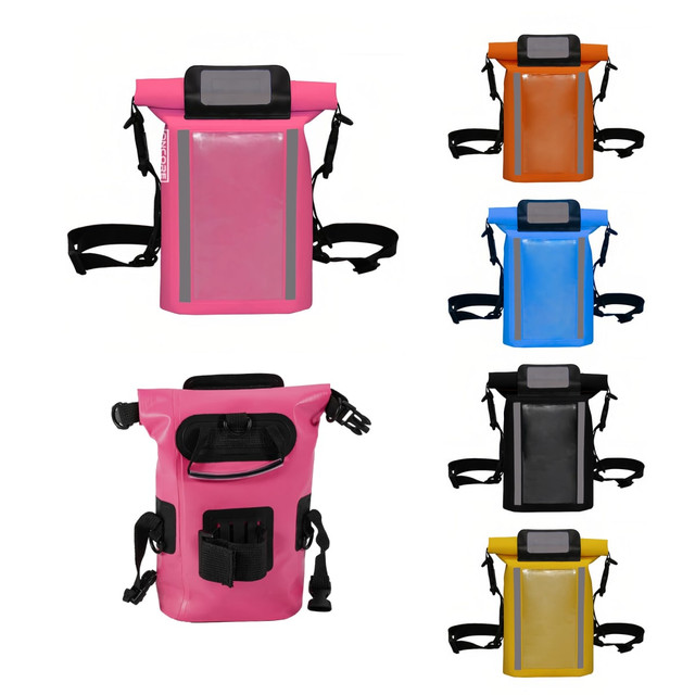 A pink, orange, blue, black, and grey waterproof crossbody handlebar bag featuring adjustable straps and a front pocket.