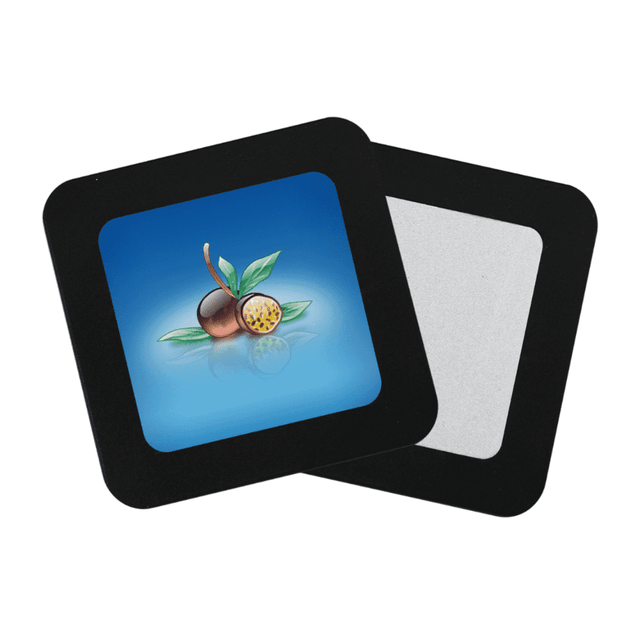 A square drink coaster featuring an illustration of a nut with green leaves, set against a gradient blue background. A square drink coaster featuring an illustration of a nut with green leaves, set against a gradient blue background.