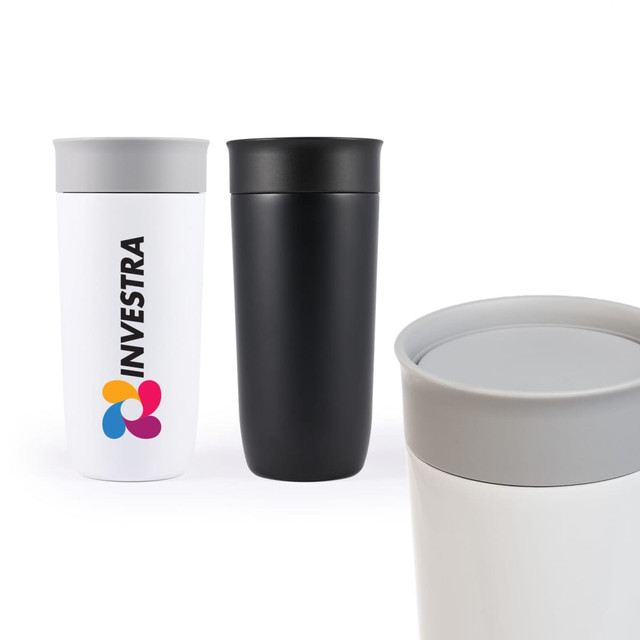 A stainless steel coffee cup in white and black with a grey lid and branding. Reusable and stylish drinkware option.