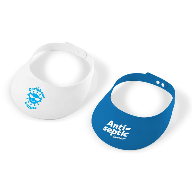 A white and a blue foam visor, each featuring a logo, with adjustable straps for a comfortable fit.