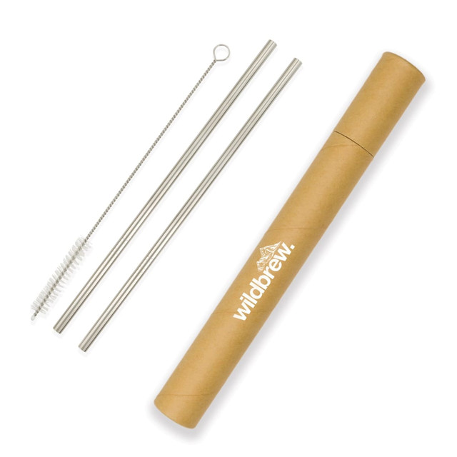 A drink bottle straw set featuring silver stainless steel straws, a cleaning brush, and a cylindrical storage tube.