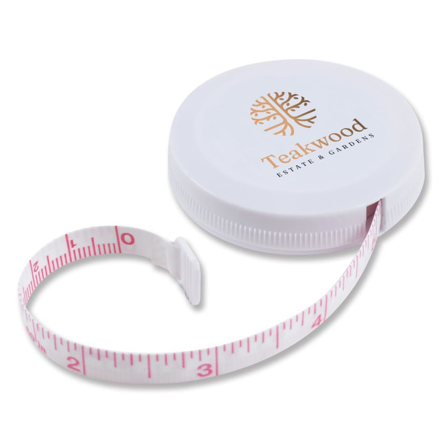 A white circular tape measure with a pink measuring tape extending from it, featuring a logo on the top.