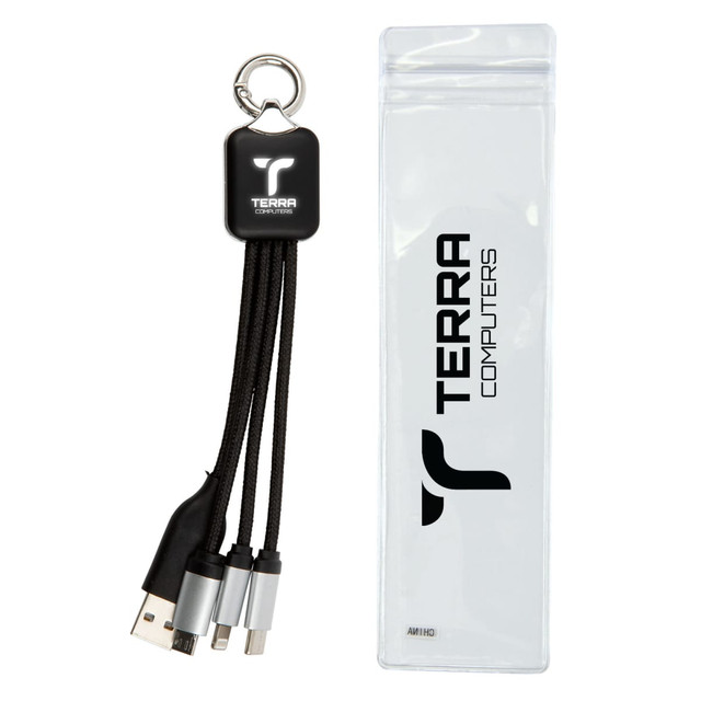 A charging cable set in black, featuring multiple connectors and a keyring, packaged in a transparent case.