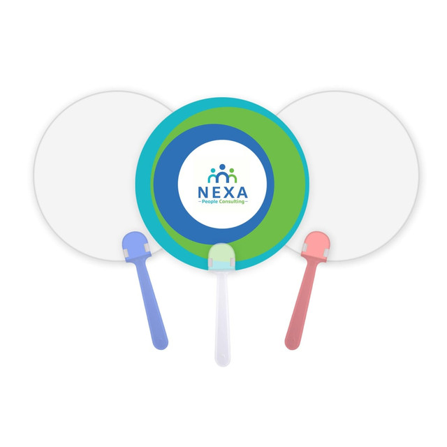A set of three circular hand fans in blue, pink, and white, featuring a logo in the centre.