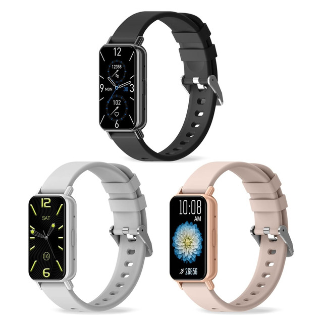 Three slim smart watches in black, grey, and rose gold, each with unique screens and features. Each watch has a strap with multiple holes.