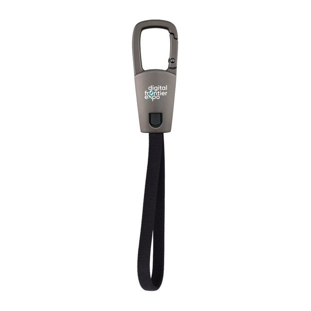 A grey carabiner cable with a black strap, featuring a logo on the front.