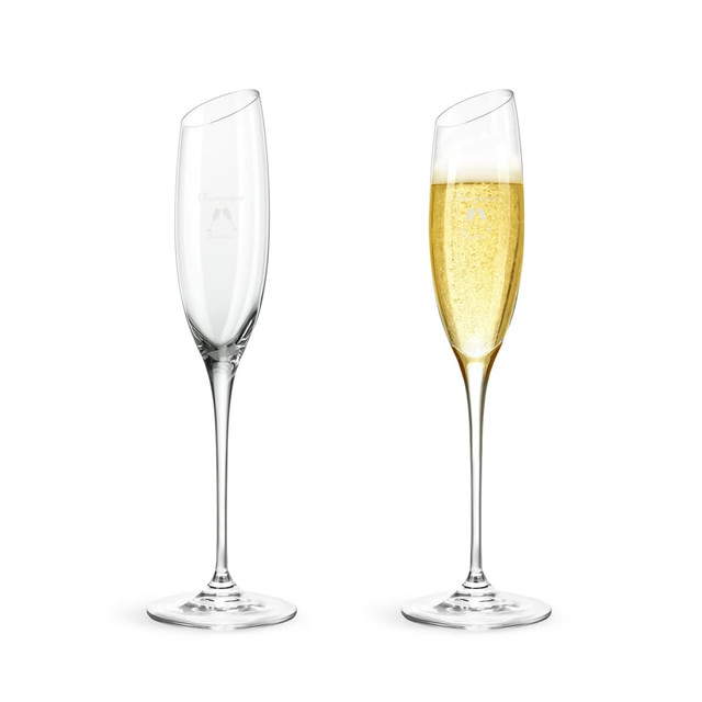 A slanted champagne glass in clear and filled with sparkling champagne, featuring an elegant, curved design.