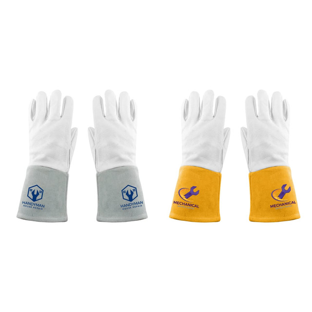 Heat-resistant gloves in grey and yellow with logos. The gloves feature protective cuffs and a sturdy design.