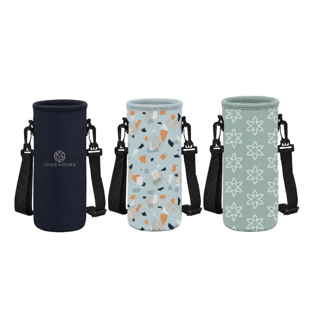 A drink bottle carrier in navy, patterned, and floral designs, featuring adjustable straps and a logo.