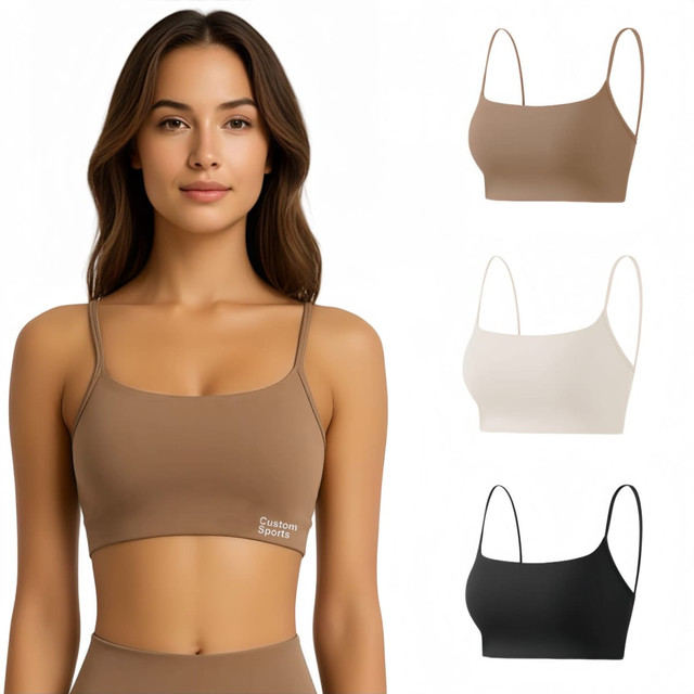 A seamless thin-strap U-back yoga crop bra tank in brown, with additional versions in white and black. Features a logo.