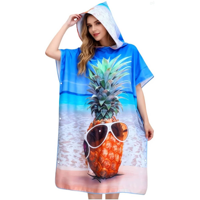A blue hooded change towel featuring a pineapple graphic and sunglasses, designed for adults.