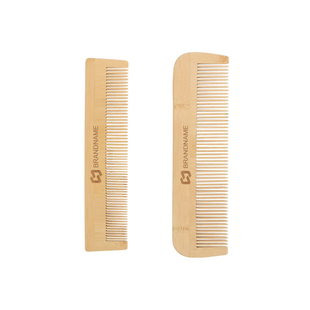 Two fine-tooth bamboo combs in different designs, both featuring a logo, in a natural wood colour.