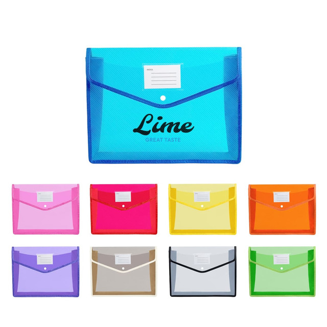 A collection of expanding document folders in various colours, including blue, pink, purple, orange, yellow, clear, and green.